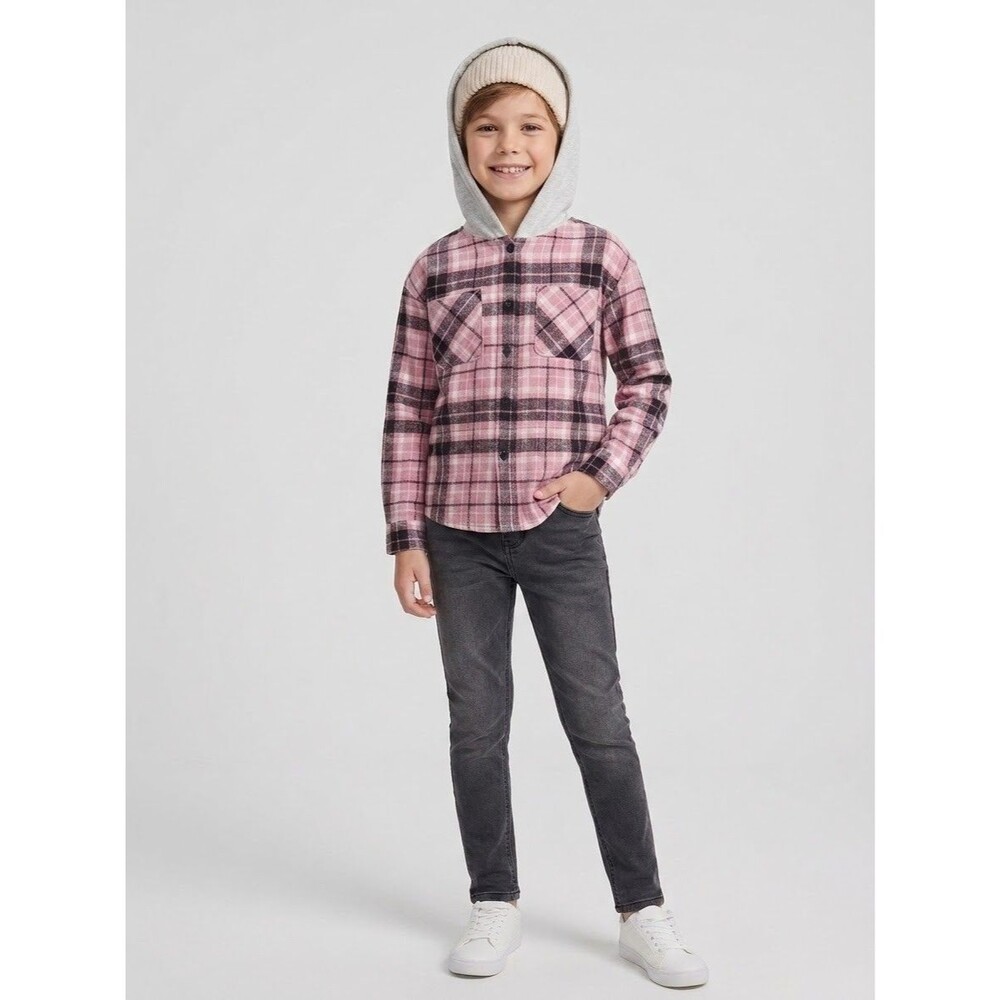 NWT No Boundaries Crop Flannel Hoodie Shirt Plaid Pink Gray Boys Size M (7-9)